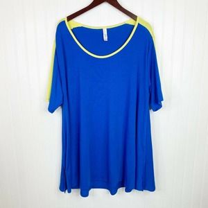 LuLaRoe Perfect T Top 3XL Blue Yellow Stretch Short Sleeve Tunic T-shirt